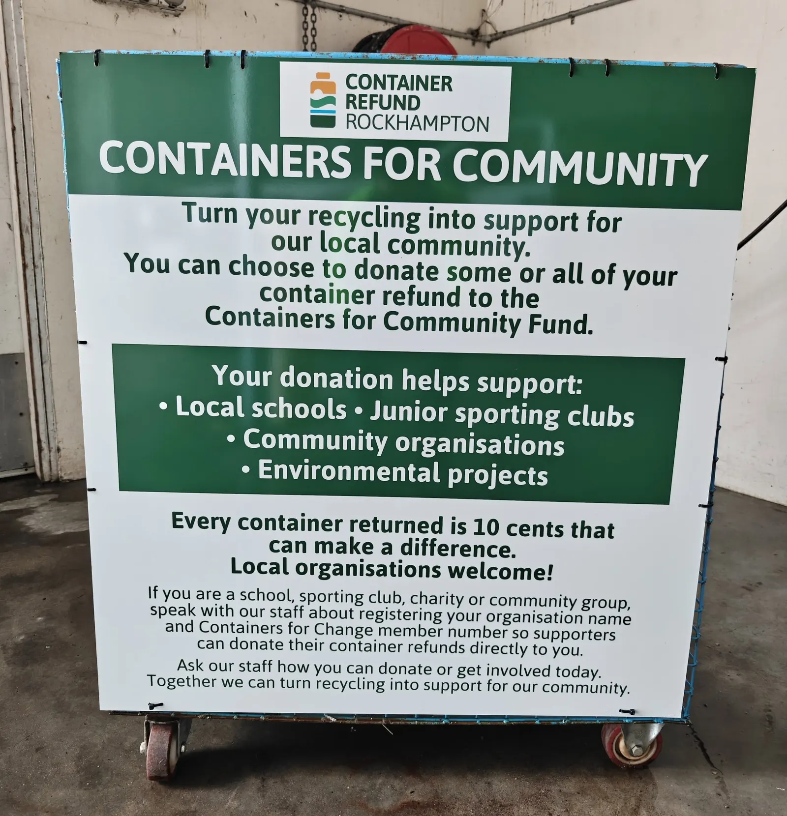 The Containers for Community sign at the depot listing who donations support